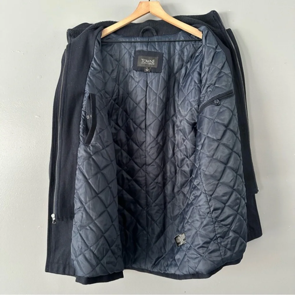 Towne by London Fog Wool Blend Quilted Zip and Button Up Coat |‎ Navy Blue